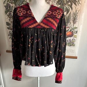 Free People Bohemian Black and Red Women's Top Small